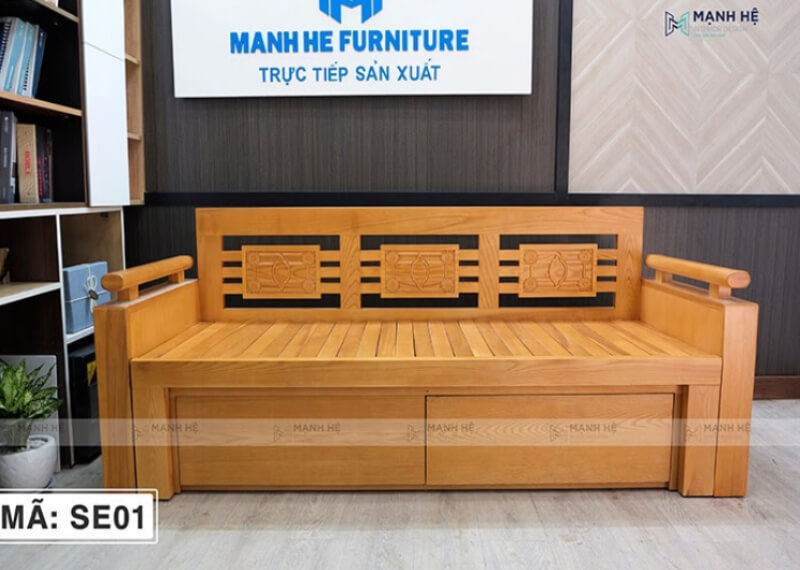 Mẫu giường gấp thành ghế bằng gỗ mã SE01