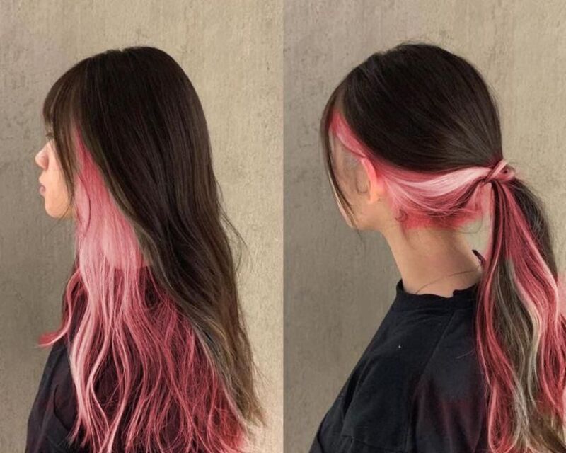 Tóc xoăn nhẹ kết hợp nhuộm light gáy màu hồng cuốn hút