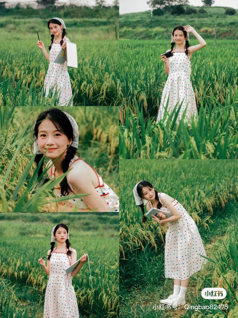 mặc váy 2 dây chụp ảnh ở cánh đồng lúa
